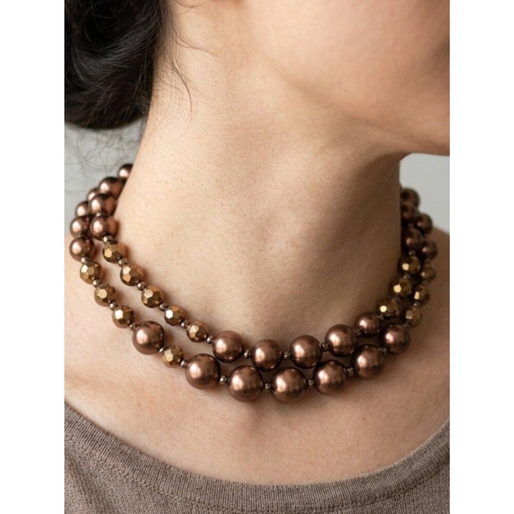 Chico's Style Vintage Bronze Faux Pearl Multi Strand Necklace Faceted Metallic B